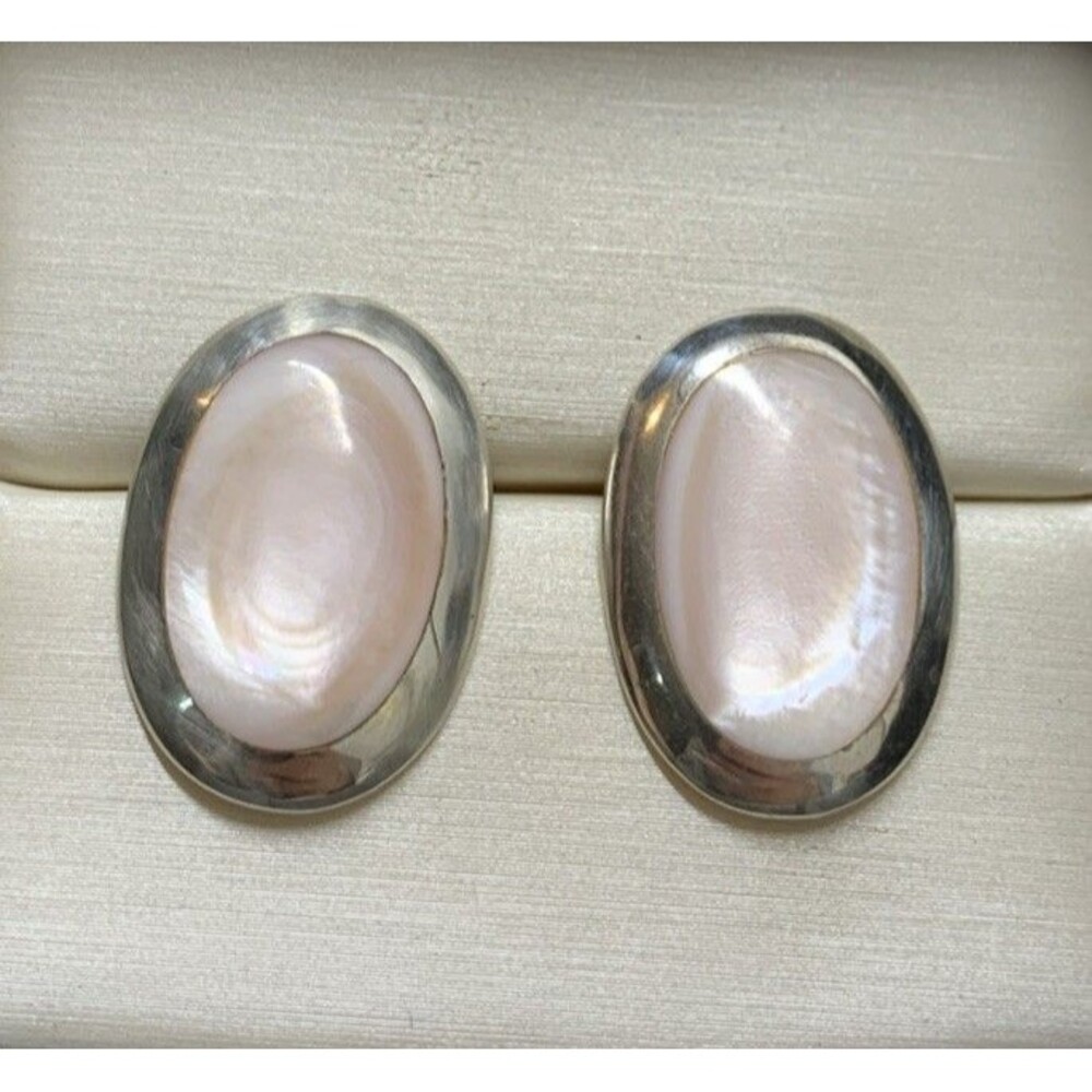 Sterling Silver Large Pink Mother of Pearl Concho Earrings Vintage